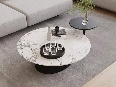 Round Marble Coffee Table With Black Tray Glasses Book In Modern Minimalist Living Room 3d model