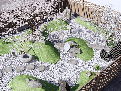 Serene Karesansui Dry Landscape Garden With Mossy Stones Cherry Blossom Trees And Raked Gravel Pathway 3d model