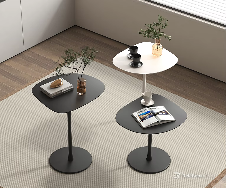 Black and white round coffee tables with magazines plants and cups in modern living room 3d model 