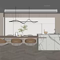 Modern Restaurant Interior With Sleek Dining Table Chairs And Marble Countertop 3d model
