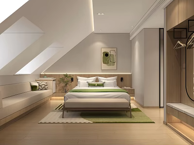 Modern Hotel Guest Room Interior With Vaulted Ceiling Green Pillows Wooden Wardrobe And Decorative Painting 3d model