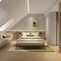 Modern Hotel Guest Room Interior With Vaulted Ceiling Green Pillows Wooden Wardrobe And Decorative Painting
