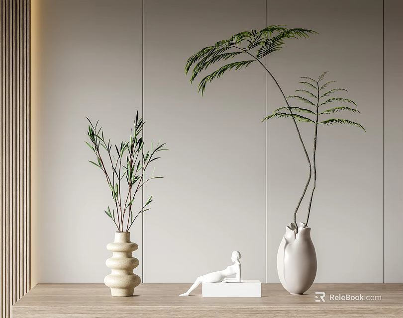 White and Beige Stacked Vases with Bamboo and Long Leaved Plants on Wooden Countertop 3d model 