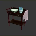 Wooden Bathroom Vanity Table With White Bowl Blue Jug And Hanging Towel