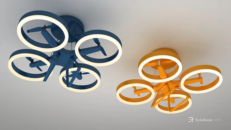 Blue And Orange Modern Chandeliers With Multiple Circular Rings And Leaf Shaped Design 3d model