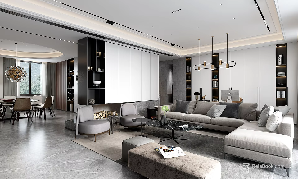 Modern Living And Dining Room Interior With Gray Sofa Coffee Table And Pendant Lights 3d model 