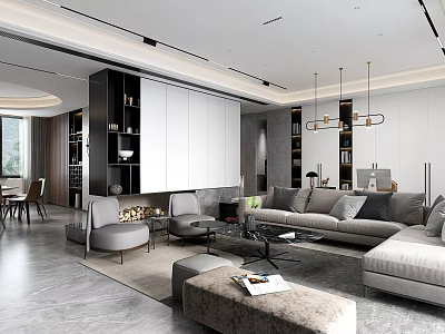Modern Living And Dining Room Interior With Gray Sofa Coffee Table And Pendant Lights 3d model