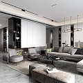 Modern Living And Dining Room Interior With Gray Sofa Coffee Table And Pendant Lights