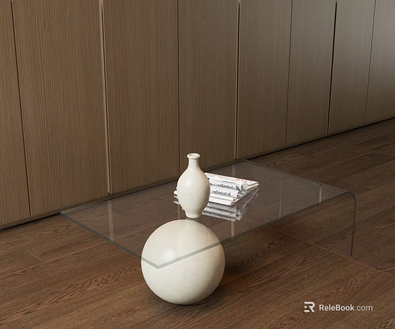 Glass Coffee Table With White Spherical Base And White Vase Stacked Books On Wooden Wall Floor 3d model 