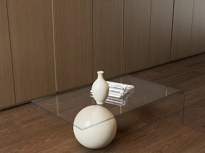 Glass Coffee Table With White Spherical Base And White Vase Stacked Books On Wooden Wall Floor 3d model