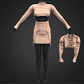 Orange And White Striped Outfit With High Neck Long Sleeve Top Short Skirt And Stockings