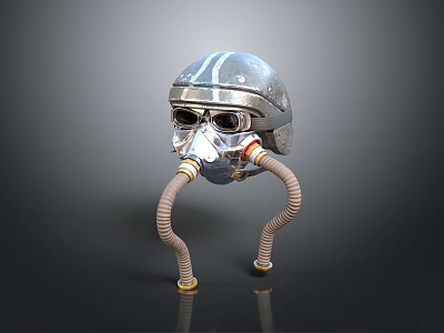 Futuristic Metallic Helmet With Striped Pattern And Flexible Breathing Tubes Design 3d model