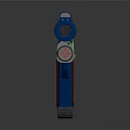 Blue Tactical Pistol With Wooden Grip Extended Barrel Warning Stripes And Tactical Light