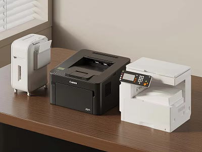 Different Office Equipment Including Shredder Laser Printer And Multifunction Device On Wooden Desk 3d model