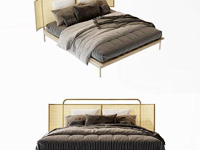 Modern Double Bed With Golden Metal Frame And Cozy Striped Gray Bedding 3d model