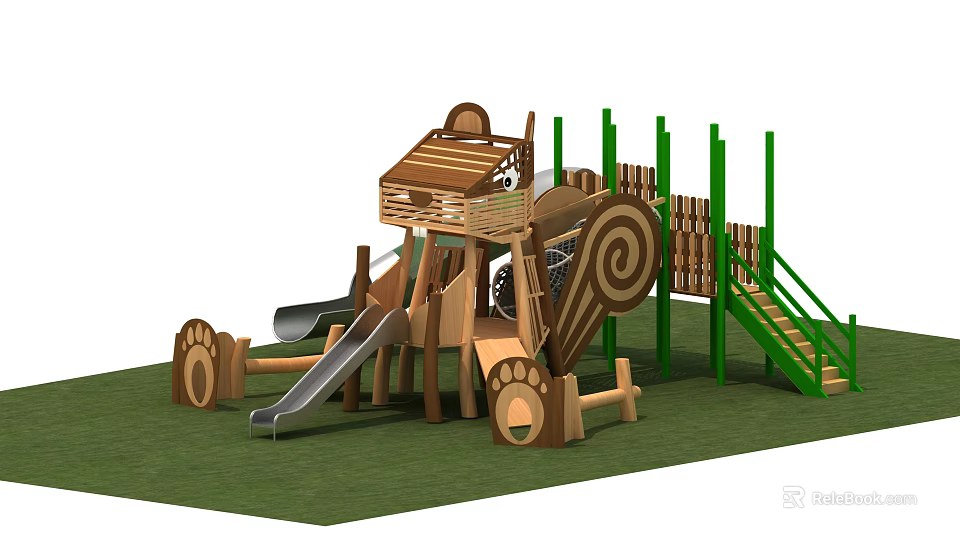 Wooden Playground Equipment Featuring Slide Climbing Frame Tree House Design Green Poles And Grass Lawn 3d model 