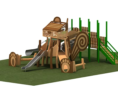 Wooden Playground Equipment Featuring Slide Climbing Frame Tree House Design Green Poles And Grass Lawn 3d model