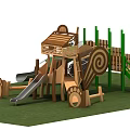 Wooden Playground Equipment Featuring Slide Climbing Frame Tree House Design Green Poles And Grass Lawn