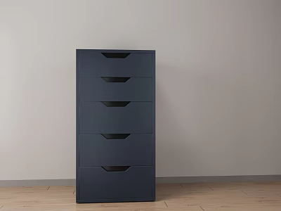 Dark Blue Decorative Cabinet With Multiple Drawers Against Light Wall And Wooden Floor 3d model