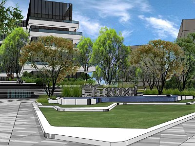 Modern Urban Plaza Landscape With Green Lawn Trees Water Feature And Pathway 3d model