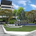 Modern Urban Plaza Landscape With Green Lawn Trees Water Feature And Pathway