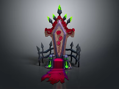 Dark Fantasy Throne With Red Rose Carving Green Glowing Spikes And Red Carpet 3d model