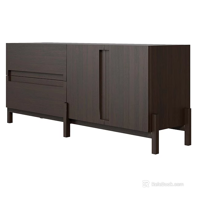Modern Dark Wood Sideboard With Cabinet Doors Drawers And Slim Legs 3d model 