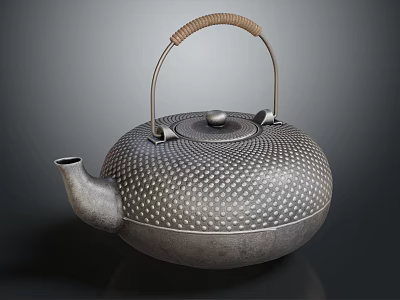 Traditional Iron Teapot With Dotted Texture And Brown Woven Handle 3d model