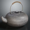 Traditional Iron Teapot With Dotted Texture And Brown Woven Handle 3d model