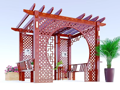 Traditional Garden Landscape With Wooden Pavilion Carved Lattice Benches And Palm Plants 3d model