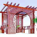 Traditional Garden Landscape With Wooden Pavilion Carved Lattice Benches And Palm Plants