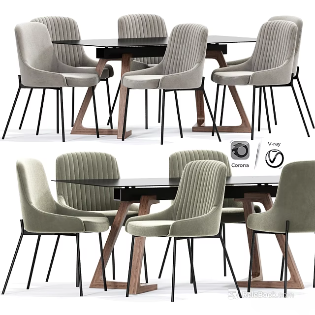 Modern Dining Table And Chairs Set With Light Gray Ribbed Chairs Black Tabletop And Wooden Legs 3d model 