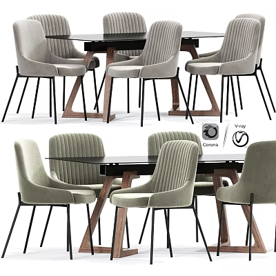 Modern Dining Table And Chairs Set With Light Gray Ribbed Chairs Black Tabletop And Wooden Legs 3d model