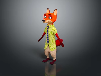 3D Fox Character Wearing Yellow Floral Shirt Beige Pants Red Shoes And Bag 3d model