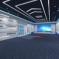 Modern Contemporary Indoor Space Interior With Curved Large Screen Central Column And Blue Carpet