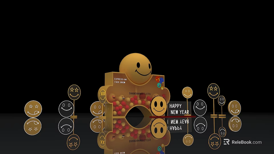 Smiley Face Themed Photo Check In Spot With Happy New Year Decorations And Reflective Icons 3d model 