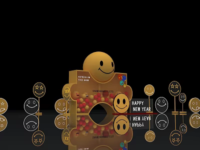 Smiley Face Themed Photo Check In Spot With Happy New Year Decorations And Reflective Icons 3d model