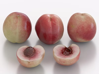 Fresh Ripe Peaches Display Whole And Halved Showing Inner Flesh And Seed 3d model