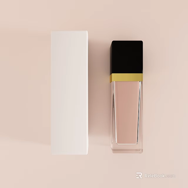 Perfume Cosmetics With White Box Transparent Pink Bottle Black Cap Golden Strip Light Brown Background 3d model 