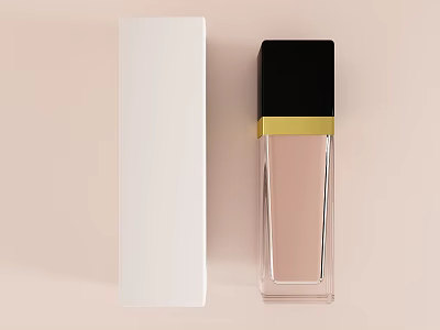Perfume Cosmetics With White Box Transparent Pink Bottle Black Cap Golden Strip Light Brown Background 3d model