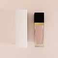 Perfume Cosmetics With White Box Transparent Pink Bottle Black Cap Golden Strip Light Brown Background
