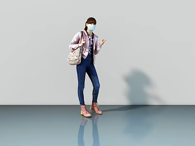 Woman Wearing Mask Pink Coat Jeans And Backpack Standing In Gray Room 3d model