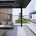 Modern Garden Landscape Featuring Wooden Lattice Pavilion Sofa Coffee Table Water Pool And Greenery