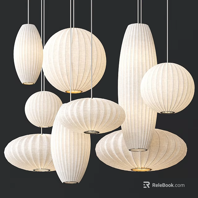 White Fabric Pendant Lights With Various Shapes Hanging In Modern Design 3d model 