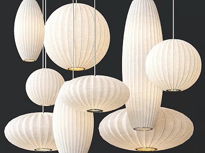 White Fabric Pendant Lights With Various Shapes Hanging In Modern Design 3d model