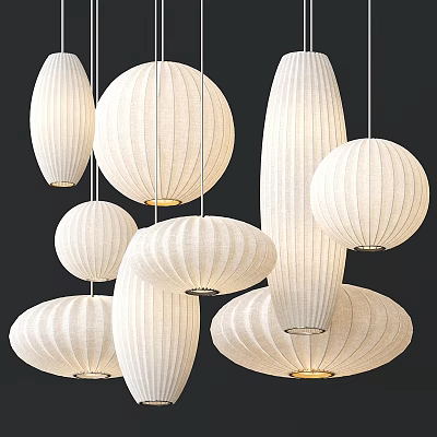 White Fabric Pendant Lights With Various Shapes Hanging In Modern Design 3d model