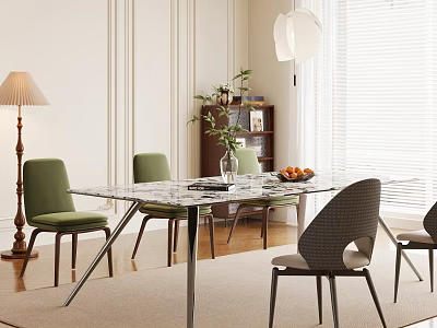 Modern Dining Room Interior With Glass Table Green Gray Chairs Lamp And Plants 3d model
