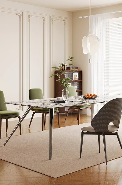 Modern Dining Room Interior With Glass Table Green Gray Chairs Lamp And Plants 3d model