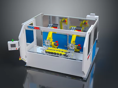 Industrial Automated Equipment With Yellow Robotic Arms Blue Panels And Control Panel 3d model
