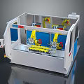 Industrial Automated Equipment With Yellow Robotic Arms Blue Panels And Control Panel